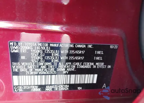 2024 Toyota Rav4 Le из США, поврежденный, VIN 2T3H1RFV6RW302635